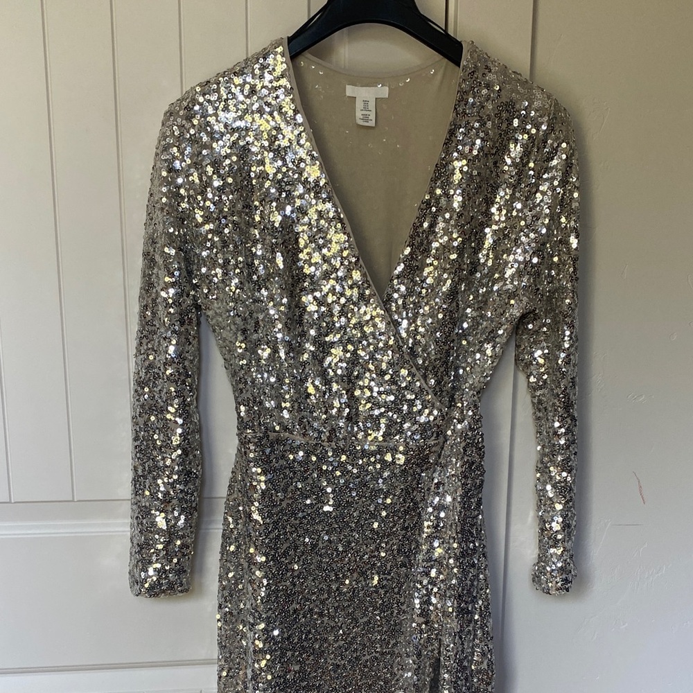 Sequin Wrap Dress in Silver